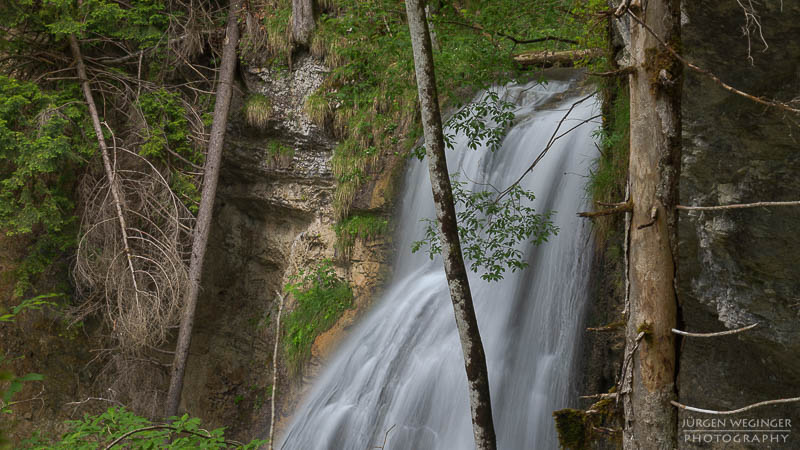 Wasserfall in einem dichten Wald mit moosbedeckten Felsen und grünem Laub