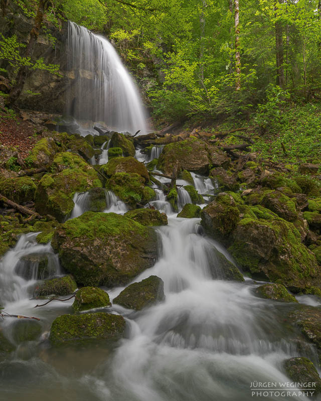 Wasserfall in einem dichten Wald mit moosbedeckten Felsen und grünem Laub