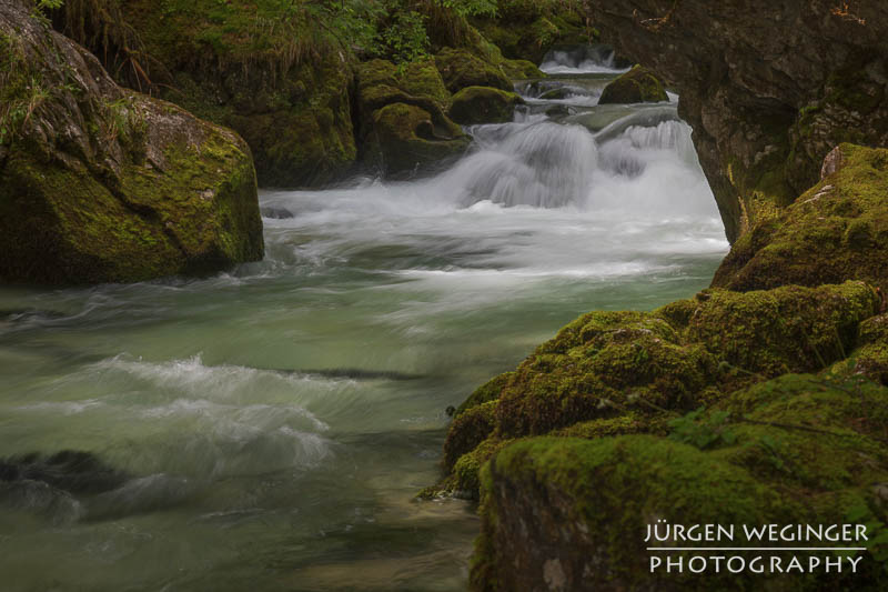 Ein fließender Gebirgsbach, der durch eine grüne, bewaldete Landschaft fließt. Große, moosbedeckte Felsen ragen aus dem Wasser hervor, während das Wasser um sie herum strömt. Im Hintergrund sind dichte, grüne Bäume zu sehen.