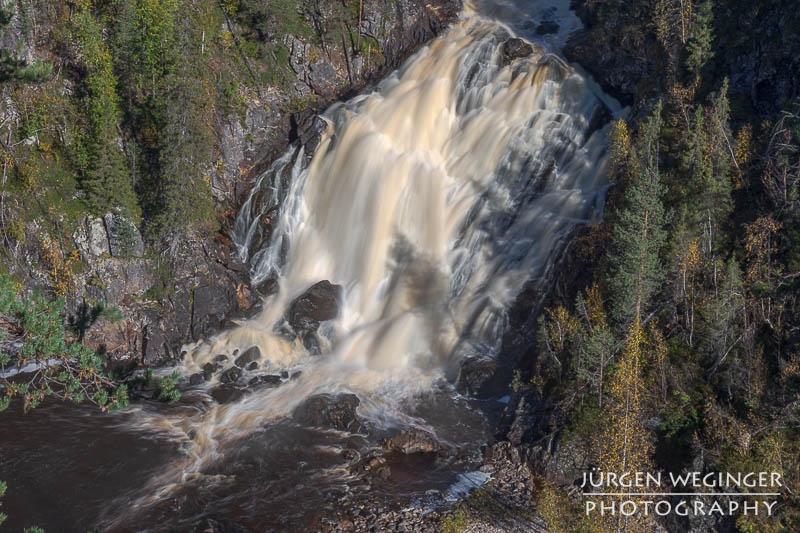 Ein Wasserfall in einer Schlucht umgeben von einem Wald im Muddus Nationalpark, Schweden